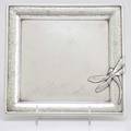 Japanesque silver tray by whiting mfg co square with etched daisy and scroll border circling dragonfly field rendered in perspective the nearest insect an applied dragonfly laps over edge 119