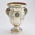 French silver wine cooler strapped tulip form with figural satyr handles bacchus medallions gilt interior pointaburet paris 19th c marked pointaburet a paris 65094 31 minerva head 15 34