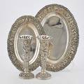 Jacobi and jenkins floral repousse sterling baltimore floral repousse pair of trumpet vases 8 14 and oval platter 14 12 oval tray 12 18941908 4869 ot