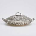 Caldwell sterling repousse covered entre dish oval with floral repousse rusticated branch handles and finial silverplated copper liner 693 peter l krider for je caldwell 19th c 5 x 13 3