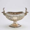Sterling stag handled tureen oblate body with floral repousse vacant shell cartouche bead rim cast figural handles conforming pedestal on bead feet shreve stanwood  co boston ca 1860 16