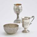 Three pieces of american silver holloware je caldwell sterling floral bowl engraved mary from mkg aug 15 1884 2 12 x 5 14 je caldwell coin silver scroll handled footed mug with floral