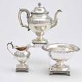 Philadelphia coin silver by john owens three pieces urnform coffee pot above square pedestal foot vegetable band acanthus handle and spout artichoke finial ivory insulators monogram r 9 14