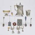 Russian french etc silver or enameled objects fourteen pieces neoclassical master salt 84 silver marked ip niello scenic vodka cup 84 silver 19th c cased enameled and jeweled silver fours