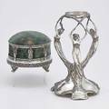 Ornamental continental silver wilkens  sohne figural silver centerpiece stand in the jugendstil style depicts young women with flower garlands 12 12 circular neoclassical silverframed velvet j