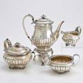 George iii silver coffee service four bulbous vessels with 12 linenfold reeding applied rococo flourishes scroll and paw bracket feet kettle on stand with burner 11 14 teapot 11 across han