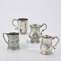 Four english silver mugs ornately decorated handled mug with fruit and vine inscribed mapplebeck  lowes prize 1875 for the best shropshire wether awarded to marob t wyatt sheffield ca 1856