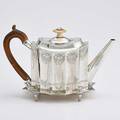 George iv silver teapot on stand oval with vertical flutes bright cut decoration ivory finial wood handle on conforming footed tray william stevenson london 1833 10 14 across handle likely