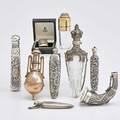 Nine silver scent flasks or vinaigrettes jeweled rococo chased silvermounted crystal 5 1516 hunt motif embossed powder horn vinaigrette thomas johnson london 1870 book form vinaigrette fran