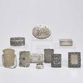 Ten silver boxes or cases french snuff box with incised decoration indistinct maker mark two continental oval boxes indopersian figure and scroll chased cigarette case renaissance style cigarett