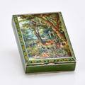 Superb peaceable kingdom enameled silver box rectangular hinged lid with lavish en plein enamel scene orange branch garland on chamfered edges green guilloche sides austria ca 1900 4 78 x 3