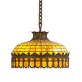 Arts and crafts leaded glass chandelier bronze mounted with colored glass paneled design early 20th c 21 x 23