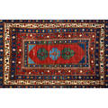 Lambo kazak area rug blue and green central medallions with geometric design on cream ground early 20th c signed 88 x 58