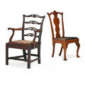 Philadelphia chippendale chairs two one mahogany ribbon back armchair with needlepoint seat and walnut side chair with trifid foot 18th c armchair 38 12 x 28 x 23