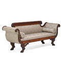 American empire settee mahogany carved frame with upholstered seat and back on hairy paw feet 19th c 32 12 x 84 x 23