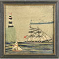 Nautical woolies two wool embroidered english ship scenes late 19th c framed 14 12 x 19 12