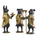 Set of continental bronze candlesticks three two dogs and one pig dressed as butlers with gilded coats early 20th c 16