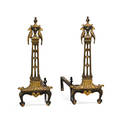 Oscar bach style parcel gilt andirons wrought iron with parakeet and foliate design early 20th c 27 x 26 x 10