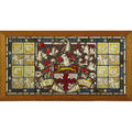 Stained and leaded glass panels two armorial design center panel flanked by floral vignettes early 20th c 25 x 46 12