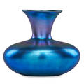 Durand iridescent glass vase blue squat bodied vase with flared rim 20th c signed durand 19866 7 34 x 9