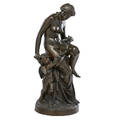 Classical bronze statue figure of nude woman and a cherub holding a rose garland rope 20th c signed marcelin 21 x 8 12