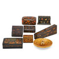 Russian kashmir and persian lacquered items nine including persian card holder russian jewelry box decorated with mythological imagery kashmir bowl etc 20th c russian box signed russian