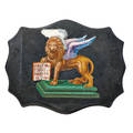 Italian micromosaic plaque polychrome depiction of the winged lion of saint mark holding a text with latin inscription 19th c 6 x 7 x 1