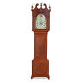 Isaac schoonmaker grandfather clock walnut case with red wash on ogee bracket feet eight day time and strike movement with two weights ca 1800 83