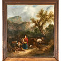 Late 18th c european school landscape oil on canvas family genre scene framed 38 x 33