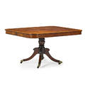 Regency breakfast table mahogany with banded satinwood inlay and pedestal base on casters early 19th c 29 x 56 14 x 40 12