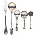 European silver spoons five soup spoon surmounted by floral crosses probably german dated 1652 spoon with figural handle of mother and children german 18th c etc longest 10 14 131 ot