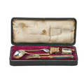 Pavel ovchinnikov silver partial gilt niello travel set five cased silver gilt and chased pieces comprising 6 78 scenic soup spoon 5 18 teaspoon 8 78 fork 2 14 cup on three ball feet a
