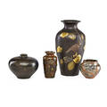 Japanese meiji bronze vases four one mixed metal baluster with birds one globular vessel with lotus one diminutive mixed metal baluster with leaves together with silvered vase late 19thearly 20