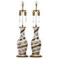 Pair of paris porcelain lamps handpainted floral garlands on white ground with gilt cobalt trim electrified twolight 19th c 32 12 including finial