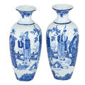 Pair of dutch chinoiserie porcelain vases blue and white outdoor scenes of elders and youths 19th20th c marked 9 12