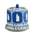 English jasperware cheese dome white cameo classical figures on periwinkle blue ground 19th c unmarked 11 x 10