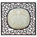 Chinese celadon jade plaque handcarved relief scene mounted on hardwood frame 19th20th c 7 18 x 6 14 sight