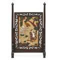 Chinese jade scholars table screen inset with soapstone mother of pearl and bone figures beneath trees late 19thearly 20th c 11 x 7
