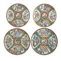 Chinese rose medallion porcelain plates four figural and floral scenes on a gilded green ground 19th20th c largest 9 12