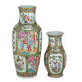 Chinese rose medallion porcelain vases two one tall and one bulbous both with floral and figural scenes on gilded green grounds 19th20th c larger 22 12