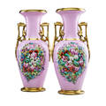 Pair of paris porcelain vases handpainted floral cornucopias on rose ground with gilt handles and trim 19th c 20