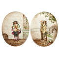 Pair of continental porcelain plaques man in courtly dress and woman with flowers 1892 both signed jeanne leothand and dated 15 12 x 12 18 oval