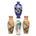Japanese cloisonne vases four one pair depicting polychrome phoenix one with dragon design and one with grape and vine motif 19th20th c tallest 7 14