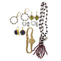 Collection of gold silver gemset jewelry watch twelve pieces garnet bead and sterling silver necklace with tassel drop diamond accents 15 34 two pairs of 14k wg huggies one with diamonds