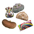 Group of five embellished evening bags five pieces kathrine baumann multihued crystal miser sack four crystal kris ann j clutches including owl peacock and satin kidney bean shaped designs late