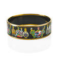 Hermes enameled cuff with perfume bottle motif polychrome bottles on black ground stamped hermes paris made in austria  a 34 8 interior circumference