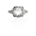 Art deco rose cut diamond platinum ring full holland rose cut diamond approx 65 ct bezel set in hand engraved platinum setting quartered by triangular faceted synthetic sapphires ca 1938 size