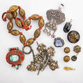 Collection of asian jewelry and fragments sixteen pieces four japanese gold mixed metal or inlaid buttons or fragments chinese cloisonne beads chinese enameled silver and agate brooch five pan a