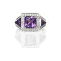 Amethyst diamond and 18k white gold ring square faceted amethyst flanked by two triangular faceted amethysts framed by diamond melee approx 56 ct tw ca 2000 marked 18k size 612 52 dwt