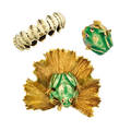 Collection of whimsical gold and enamel jewelry three pieces enameled frog on textured leaf brooch with associated enameled frog pin with ruby eyes both marked italy 18k pin with unidentified m
